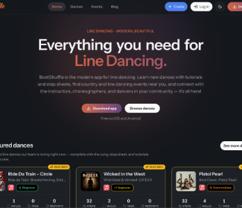 Screenshot of the BootShuffle homepage for line dancers